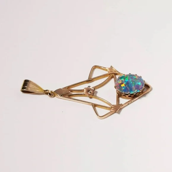 Antique Art Nouveau Australian Opal Triplet Lavaliere Pendant 9K Gold - Picture 3 of 15